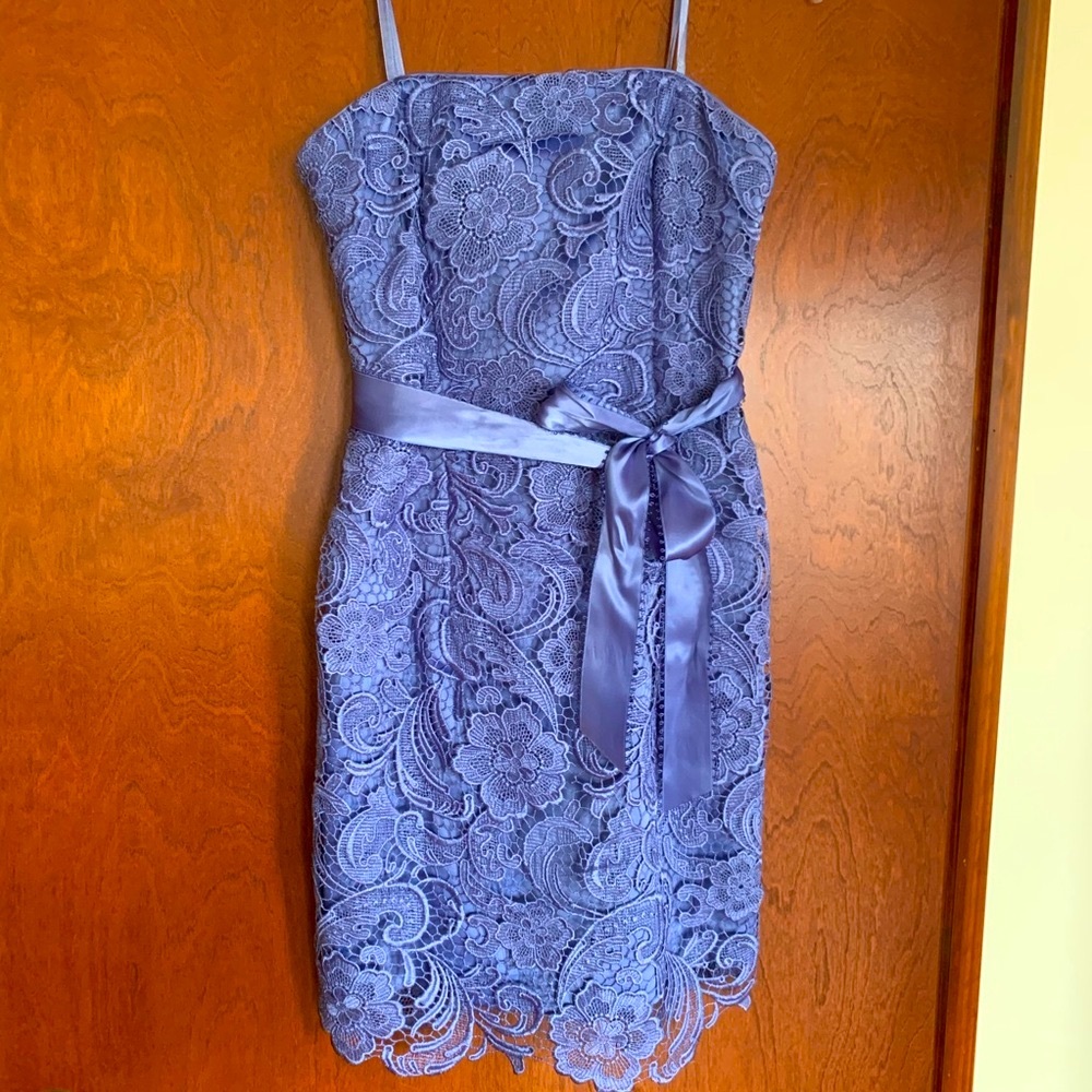 Lilac strapless lace dress with silk sash belt